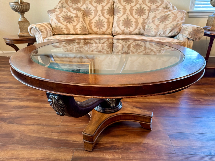 Round Wooden Pedestal Coffee Table with Glass insert 42R x 21H [Photo 2]