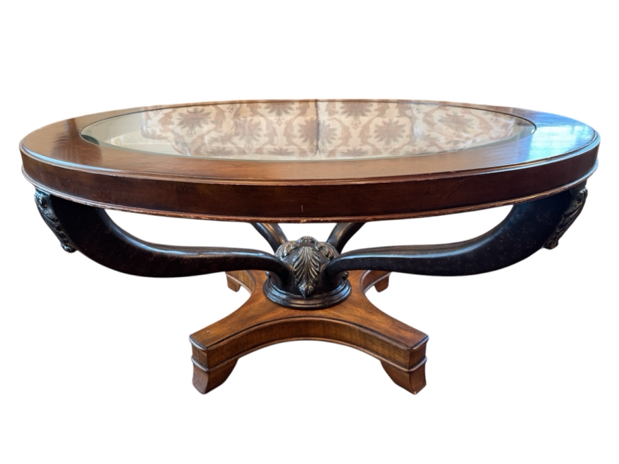 Round Wooden Pedestal Coffee Table with Glass insert 42R x 21H