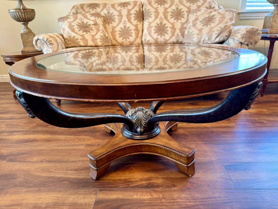 Round Wooden Pedestal Coffee Table with Glass insert 42R x 21H [Photo 4]