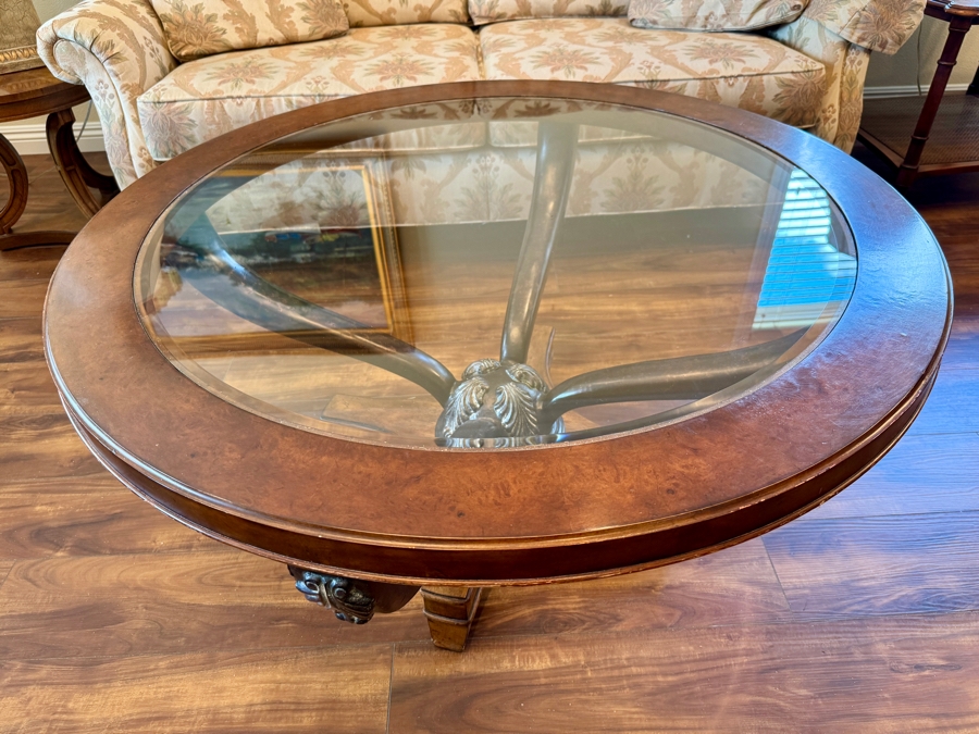 Round Wooden Pedestal Coffee Table with Glass insert 42R x 21H [Photo 3]