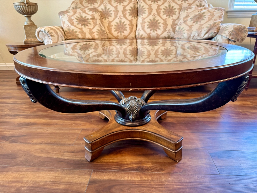 Round Wooden Pedestal Coffee Table with Glass insert 42R x 21H [Photo 5]