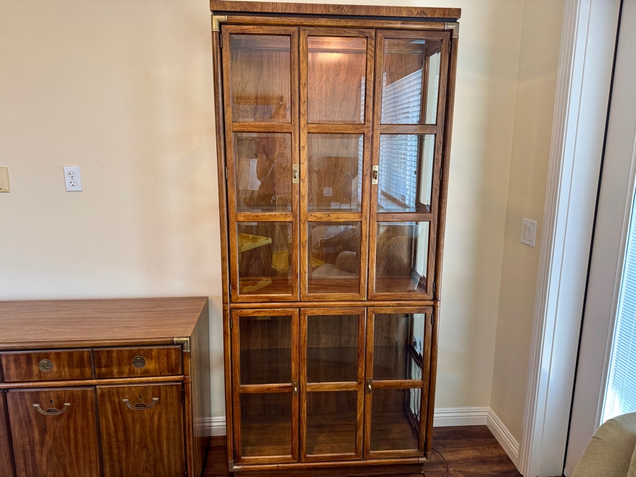 Vintage Drexel Heritage Campaign Walnut and Brass Display Curio Cabinet 36W x 15D x 78.5H [Photo 2]