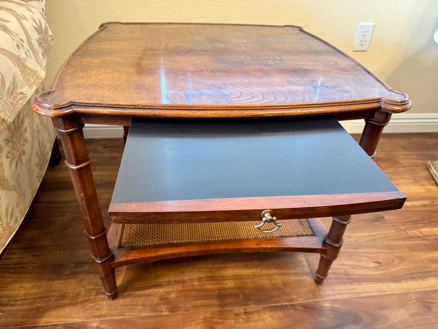 Hekman Furniture Two-Tier Side Table with Burled Wood Top and Cane Bottom Grand Rapids, MI 26.5W x 26.5D x 22H [Photo 4]