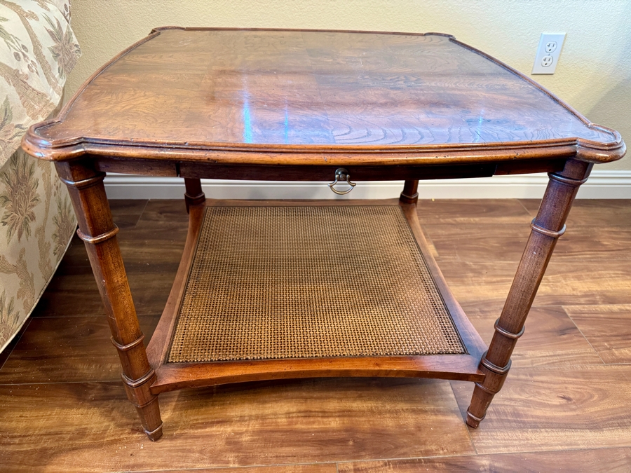 Hekman Furniture Two-Tier Side Table with Burled Wood Top and Cane Bottom Grand Rapids, MI 26.5W x 26.5D x 22H [Photo 3]