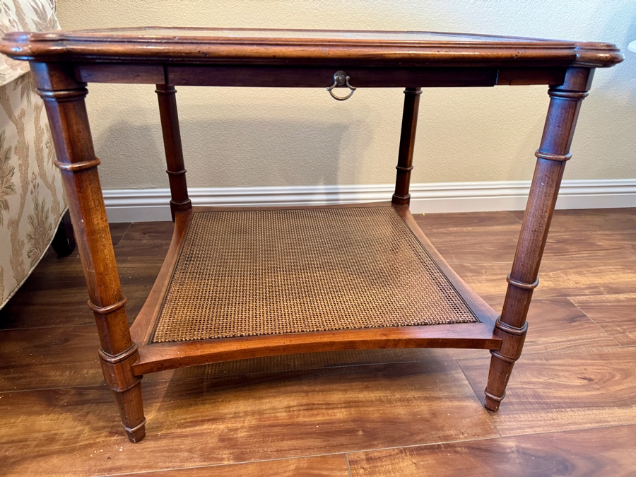 Hekman Furniture Two-Tier Side Table with Burled Wood Top and Cane Bottom Grand Rapids, MI 26.5W x 26.5D x 22H [Photo 2]