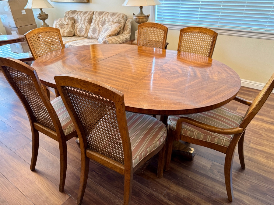 Vintage Drexel Heritage Accolade Double Pedestal Dining Set with Two Leafs and Six Cane Back Chairs - 2 Arm / 4 Side 66W x 46D x 30H As Pictured (2, 20' Leaves) [Photo 4]