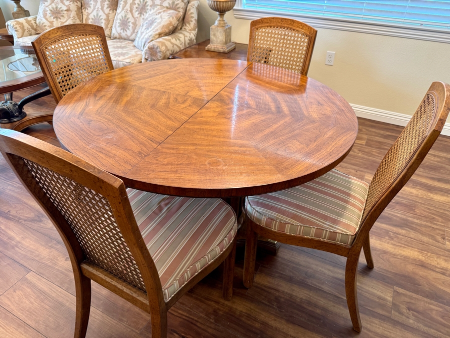 Vintage Drexel Heritage Accolade Double Pedestal Dining Set with Two Leafs and Six Cane Back Chairs - 2 Arm / 4 Side 66W x 46D x 30H As Pictured (2, 20' Leaves) [Photo 6]