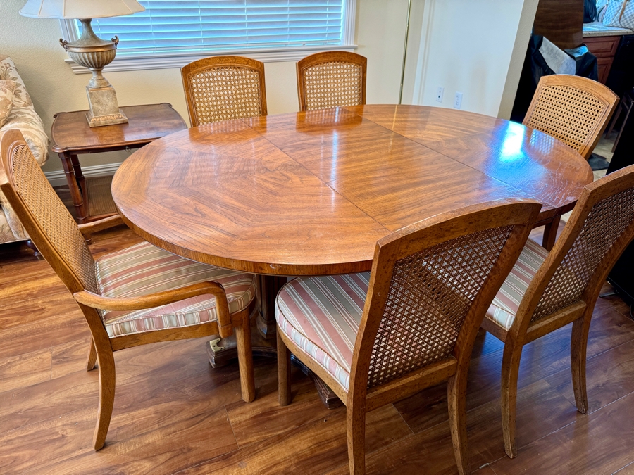 Vintage Drexel Heritage Accolade Double Pedestal Dining Set with Two Leafs and Six Cane Back Chairs - 2 Arm / 4 Side 66W x 46D x 30H As Pictured (2, 20' Leaves) [Photo 3]
