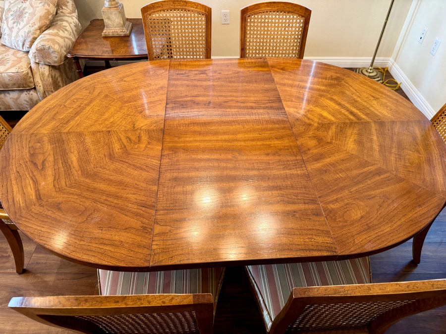 Vintage Drexel Heritage Accolade Double Pedestal Dining Set with Two Leafs and Six Cane Back Chairs - 2 Arm / 4 Side 66W x 46D x 30H As Pictured (2, 20' Leaves) [Photo 5]