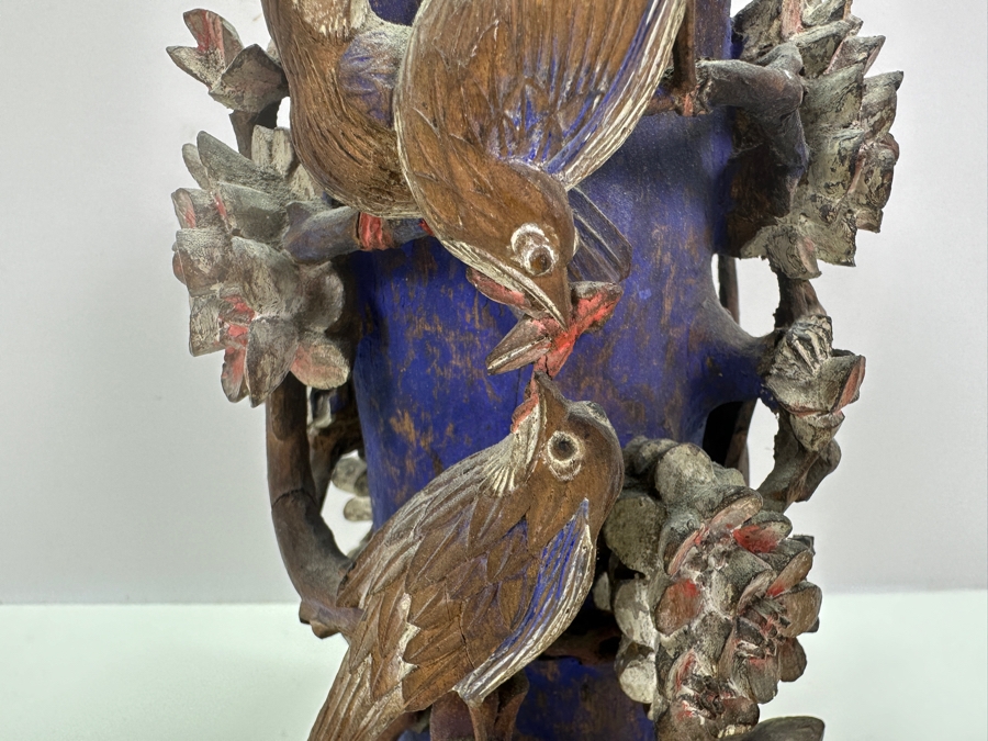 Vintage Chinese Relief Carved Wooden Vase Featuring Birds, Frog, Crab & Trees 7H [Photo 3]