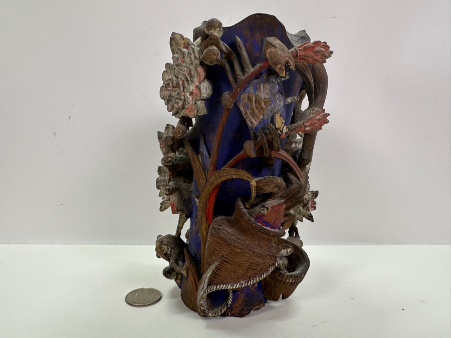 Vintage Chinese Relief Carved Wooden Vase Featuring Birds, Frog, Crab & Trees 7H [Photo 9]