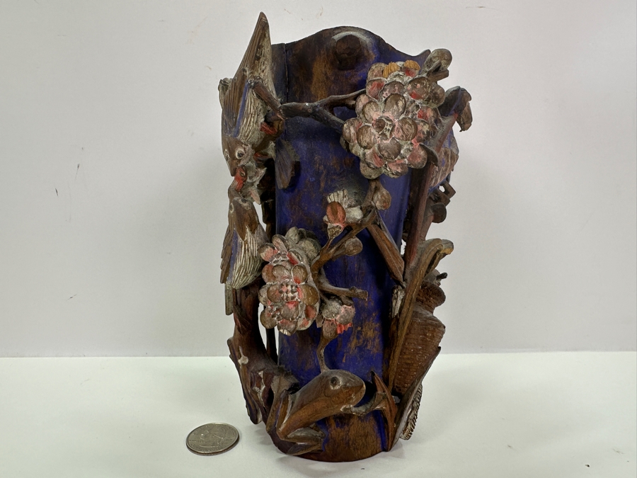 Vintage Chinese Relief Carved Wooden Vase Featuring Birds, Frog, Crab & Trees 7H [Photo 4]