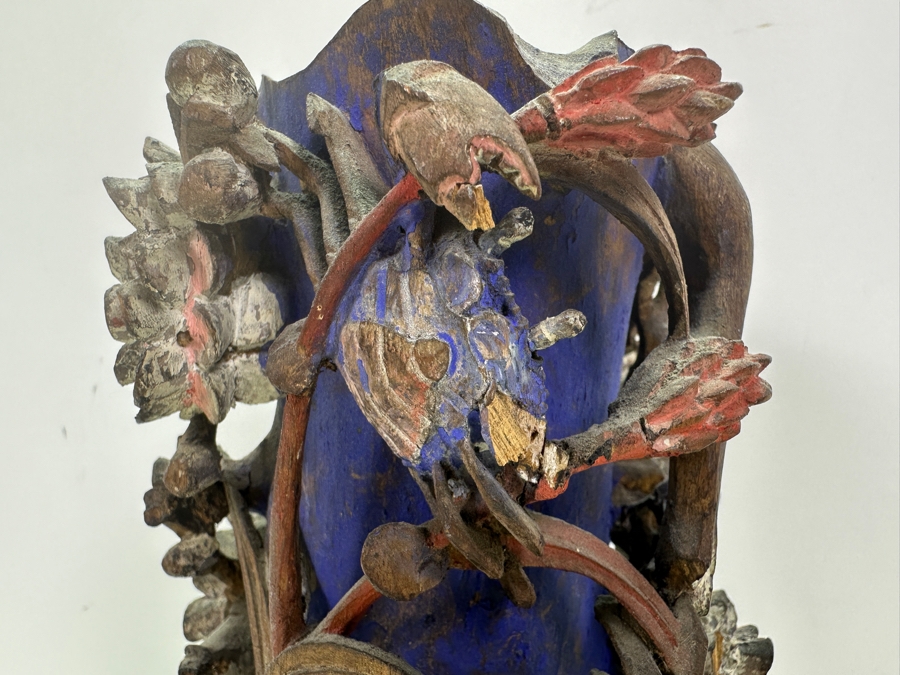 Vintage Chinese Relief Carved Wooden Vase Featuring Birds, Frog, Crab & Trees 7H [Photo 11]