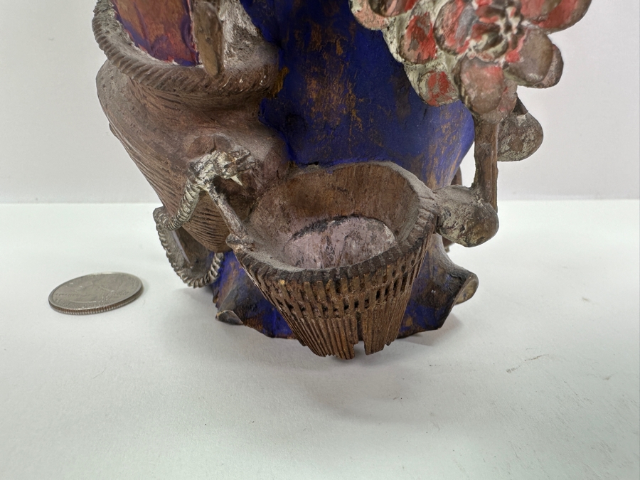 Vintage Chinese Relief Carved Wooden Vase Featuring Birds, Frog, Crab & Trees 7H [Photo 8]