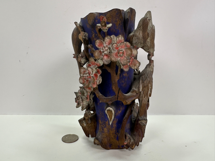 Vintage Chinese Relief Carved Wooden Vase Featuring Birds, Frog, Crab & Trees 7H [Photo 6]