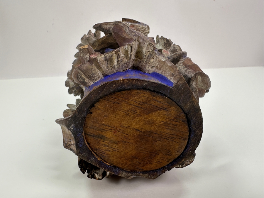 Vintage Chinese Relief Carved Wooden Vase Featuring Birds, Frog, Crab & Trees 7H [Photo 13]