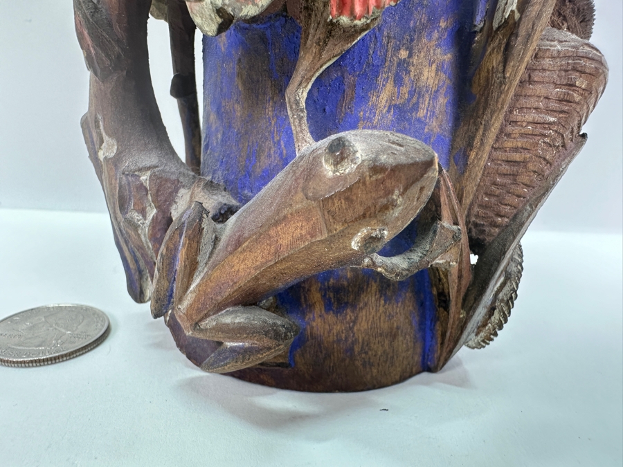 Vintage Chinese Relief Carved Wooden Vase Featuring Birds, Frog, Crab & Trees 7H [Photo 5]