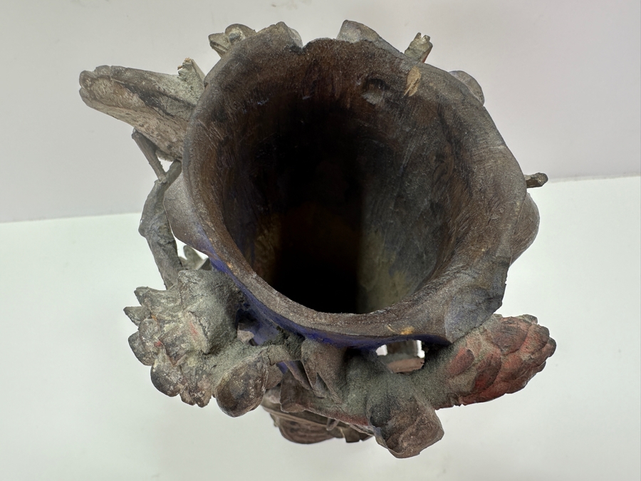 Vintage Chinese Relief Carved Wooden Vase Featuring Birds, Frog, Crab & Trees 7H [Photo 12]