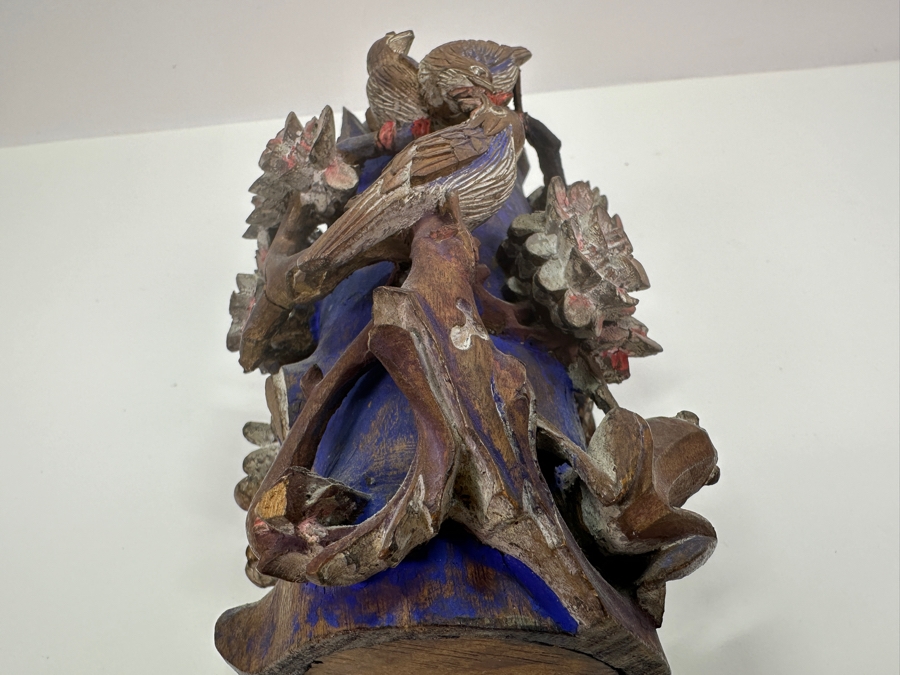 Vintage Chinese Relief Carved Wooden Vase Featuring Birds, Frog, Crab & Trees 7H [Photo 14]