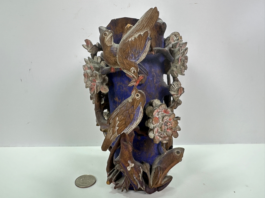 Vintage Chinese Relief Carved Wooden Vase Featuring Birds, Frog, Crab & Trees 7H [Photo 2]
