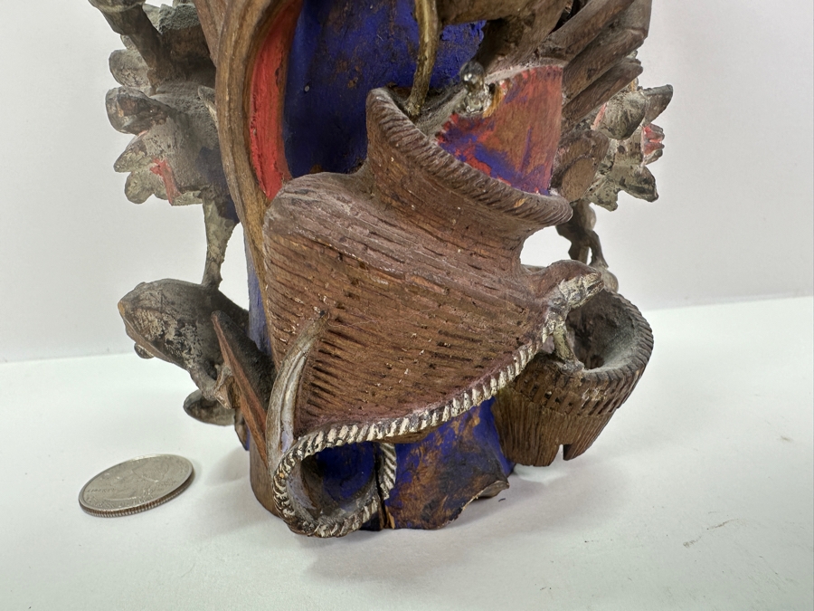 Vintage Chinese Relief Carved Wooden Vase Featuring Birds, Frog, Crab & Trees 7H [Photo 10]