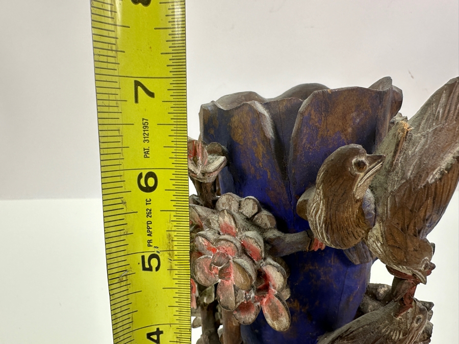 Vintage Chinese Relief Carved Wooden Vase Featuring Birds, Frog, Crab & Trees 7H [Photo 15]