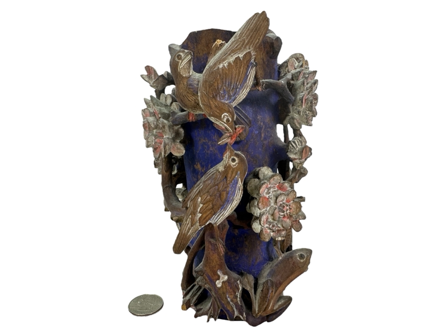 Vintage Chinese Relief Carved Wooden Vase Featuring Birds, Frog, Crab & Trees 7H [Photo 1]