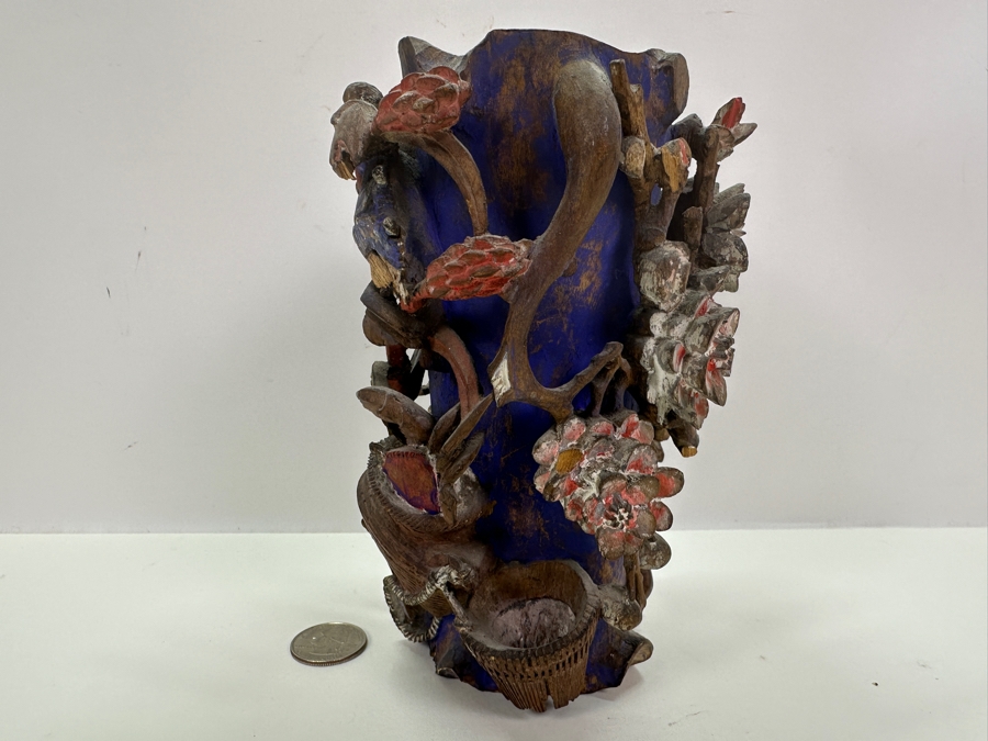 Vintage Chinese Relief Carved Wooden Vase Featuring Birds, Frog, Crab & Trees 7H [Photo 7]