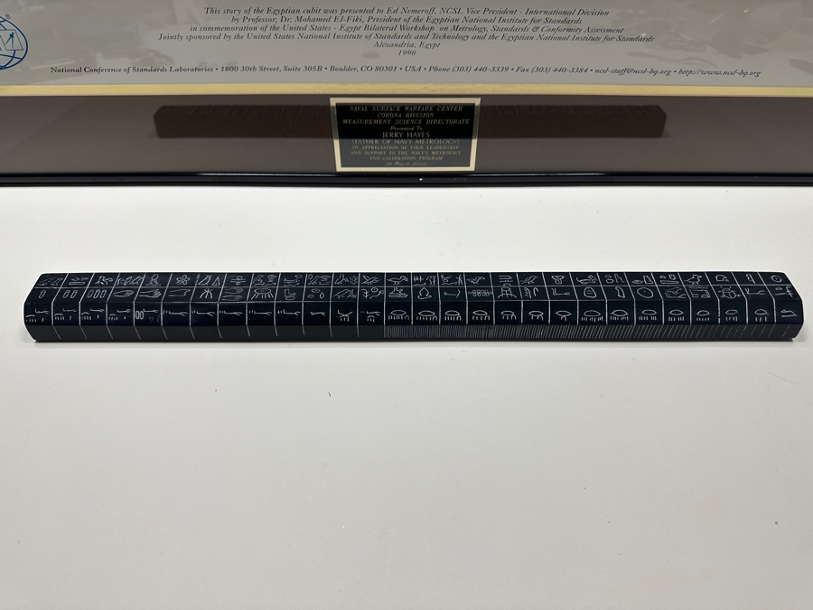 Egyptian Cubit Ser No. 6 Ruler 19 1/8' Presented To Jerry Hayes Along With A Framed 'The Story Of The Egyptian Cubit' Poster Presented To Jerry Hayes (Father Of NAVY Metrology) By The Naval Surface Warfare Center Corona Division 32 X 25 [Photo 4]
