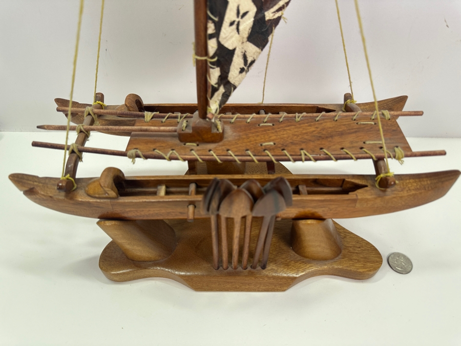 Handmade Artist Signed Koa Wood Manini Hawaiian Sailing Canoe Model - Boat And Base Signed By Artist Kahawai [Photo 4]