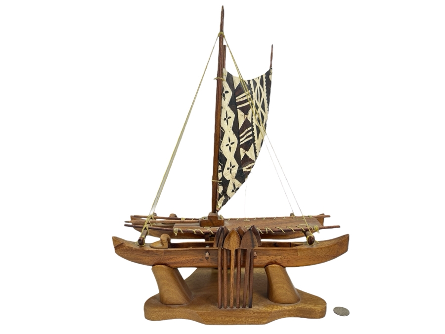 Handmade Artist Signed Koa Wood Manini Hawaiian Sailing Canoe Model - Boat And Base Signed By Artist Kahawai [Photo 1]