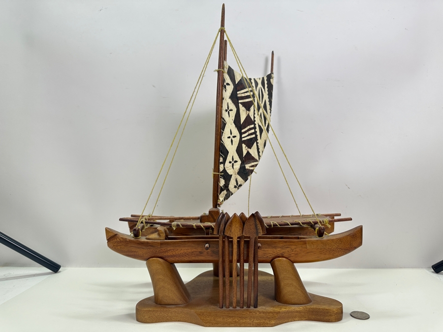 Handmade Artist Signed Koa Wood Manini Hawaiian Sailing Canoe Model - Boat And Base Signed By Artist Kahawai [Photo 3]