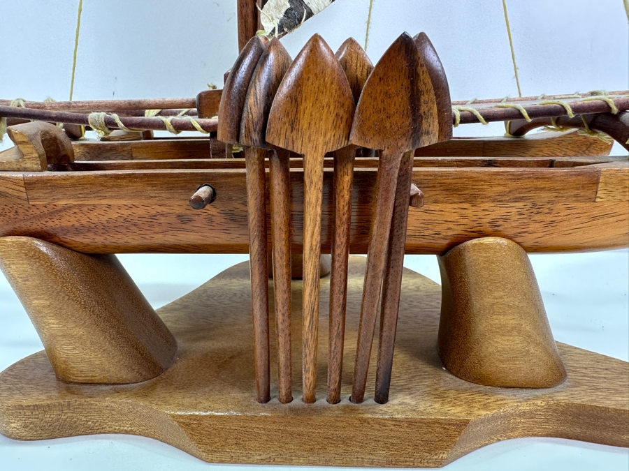 Handmade Artist Signed Koa Wood Manini Hawaiian Sailing Canoe Model - Boat And Base Signed By Artist Kahawai [Photo 6]