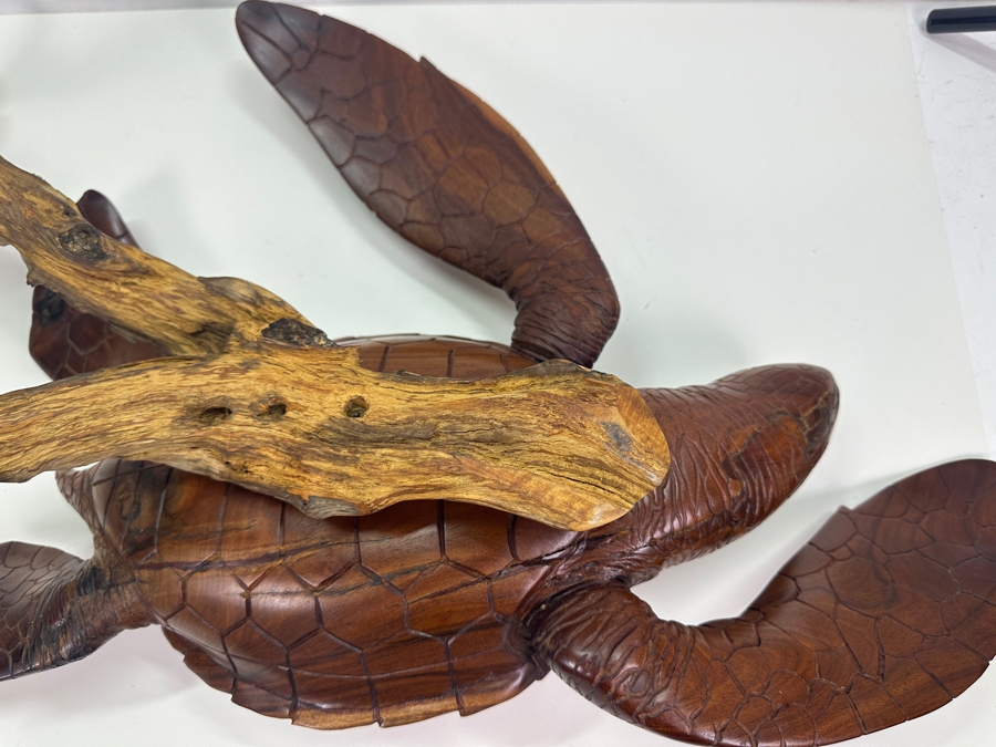 Greg Pontius (B. 1945, American) Incredible Life-size Carved Wooden Sea Turtle Milo Turtle From Hawaii 30'W X 17'D X 7'H [Photo 23]