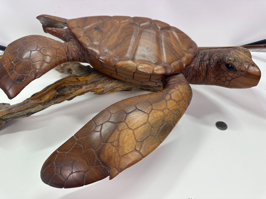 Greg Pontius (B. 1945, American) Incredible Life-size Carved Wooden Sea Turtle Milo Turtle From Hawaii 30'W X 17'D X 7'H [Photo 4]