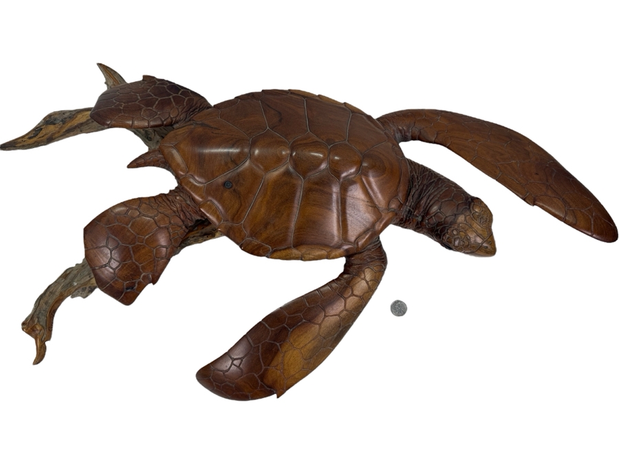 Greg Pontius (B. 1945, American) Incredible Life-size Carved Wooden Sea Turtle Milo Turtle From Hawaii 30'W X 17'D X 7'H [Photo 3]