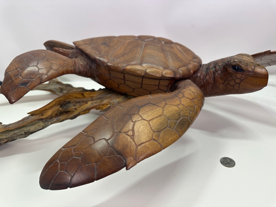 Greg Pontius (B. 1945, American) Incredible Life-size Carved Wooden Sea Turtle Milo Turtle From Hawaii 30'W X 17'D X 7'H [Photo 14]