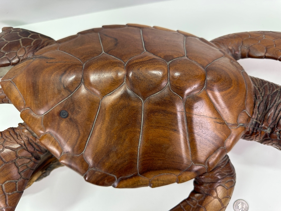 Greg Pontius (B. 1945, American) Incredible Life-size Carved Wooden Sea Turtle Milo Turtle From Hawaii 30'W X 17'D X 7'H [Photo 15]