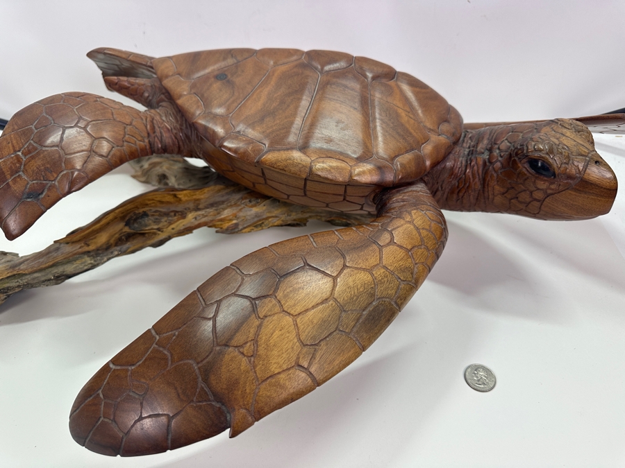 Greg Pontius (B. 1945, American) Incredible Life-size Carved Wooden Sea Turtle Milo Turtle From Hawaii 30'W X 17'D X 7'H [Photo 13]