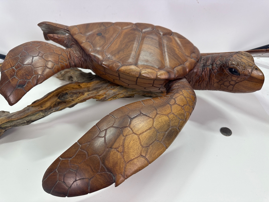 Greg Pontius (B. 1945, American) Incredible Life-size Carved Wooden Sea Turtle Milo Turtle From Hawaii 30'W X 17'D X 7'H [Photo 5]