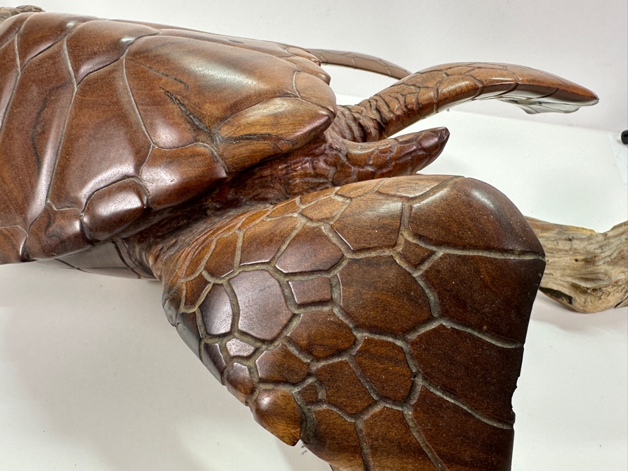 Greg Pontius (B. 1945, American) Incredible Life-size Carved Wooden Sea Turtle Milo Turtle From Hawaii 30'W X 17'D X 7'H [Photo 22]