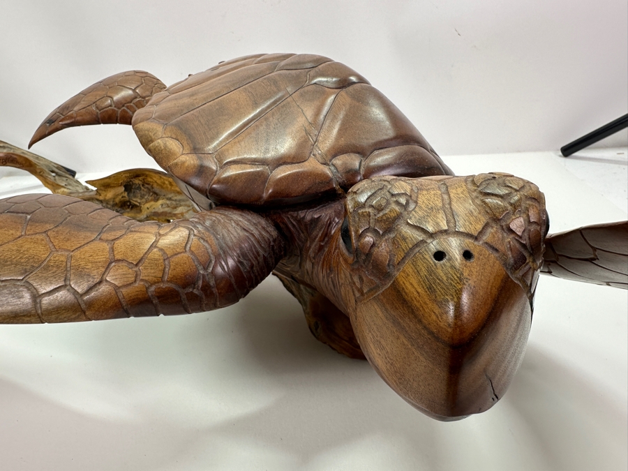Greg Pontius (B. 1945, American) Incredible Life-size Carved Wooden Sea Turtle Milo Turtle From Hawaii 30'W X 17'D X 7'H [Photo 19]
