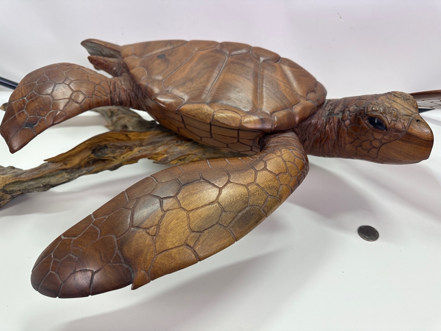 Greg Pontius (B. 1945, American) Incredible Life-size Carved Wooden Sea Turtle Milo Turtle From Hawaii 30'W X 17'D X 7'H [Photo 6]