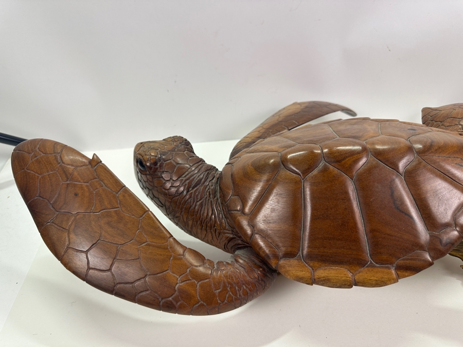 Greg Pontius (B. 1945, American) Incredible Life-size Carved Wooden Sea Turtle Milo Turtle From Hawaii 30'W X 17'D X 7'H [Photo 20]