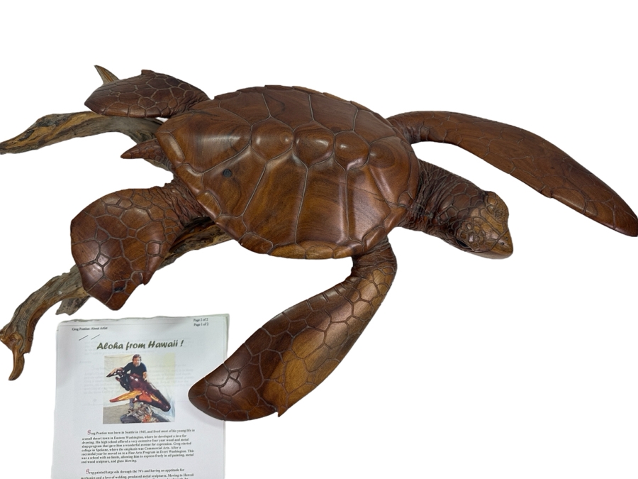 Greg Pontius (B. 1945, American) Incredible Life-size Carved Wooden Sea Turtle Milo Turtle From Hawaii 30'W X 17'D X 7'H [Photo 2]