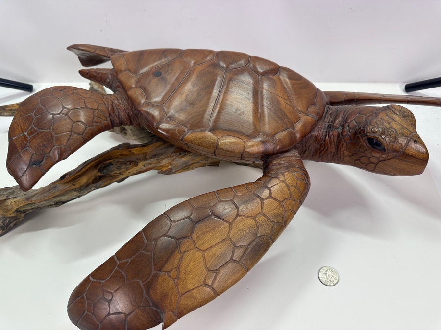 Greg Pontius (B. 1945, American) Incredible Life-size Carved Wooden Sea Turtle Milo Turtle From Hawaii 30'W X 17'D X 7'H [Photo 12]