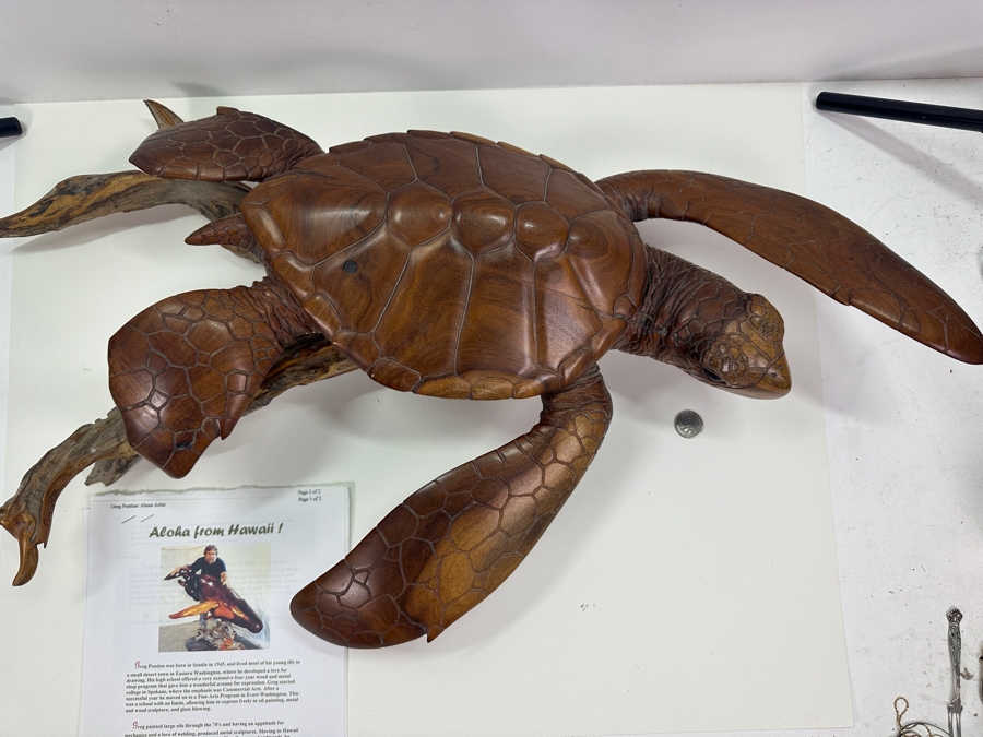 Greg Pontius (B. 1945, American) Incredible Life-size Carved Wooden Sea Turtle Milo Turtle From Hawaii 30'W X 17'D X 7'H [Photo 10]