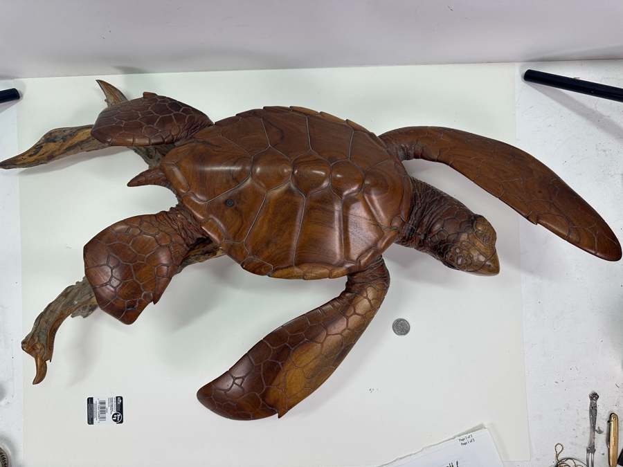 Greg Pontius (B. 1945, American) Incredible Life-size Carved Wooden Sea Turtle Milo Turtle From Hawaii 30'W X 17'D X 7'H [Photo 11]
