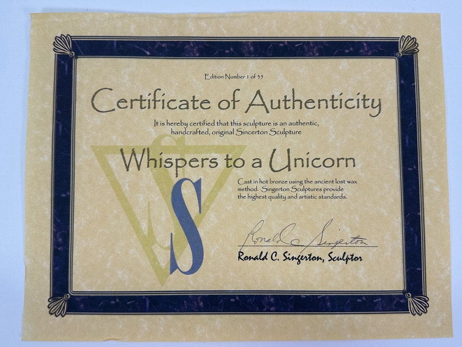 Ronald C. Singerton Bronze Unicorn Sculpture Titled 'Whispers To A Unicorn' Edition Number 1 Of 35 With C.O.A. 13W X 11D X 22H [Photo 14]