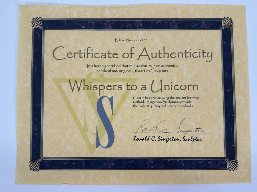 Ronald C. Singerton Bronze Unicorn Sculpture Titled 'Whispers To A Unicorn' Edition Number 1 Of 35 With C.O.A. 13W X 11D X 22H [Photo 15]